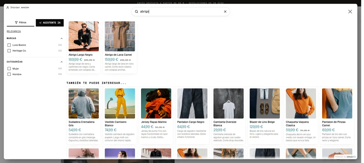 Die Suche von Spaidoo Search geöffnet im Demo-Shop Verso